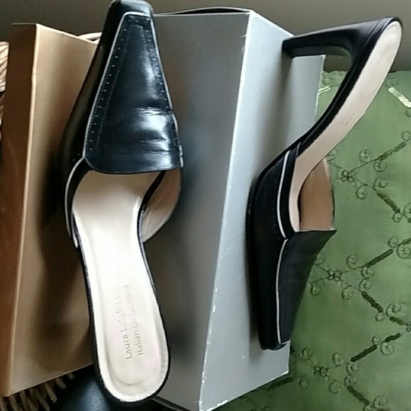 Laura Lalgh Ltd. Italian Collection Shoes - White Trimmed Black Mules